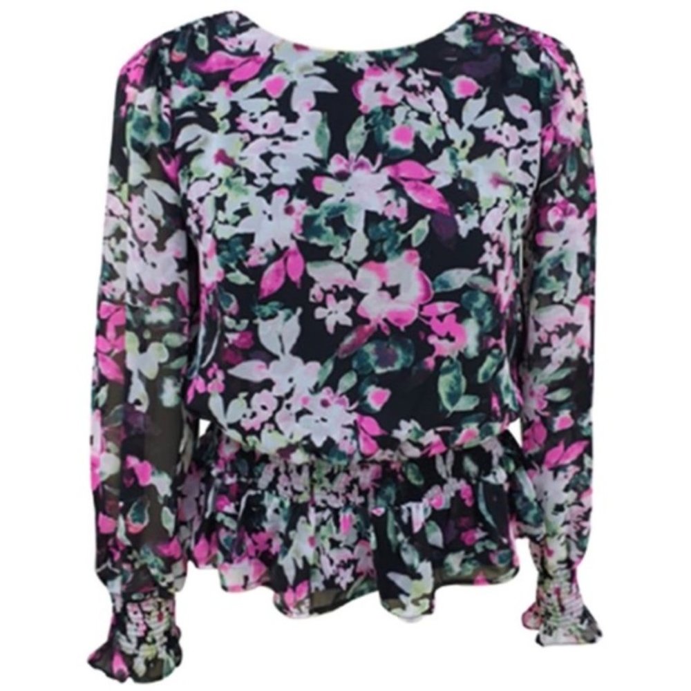 NWT Bar III Floral Smocked Long Sleeve Ruffle Blouse - Picture 2 of 6